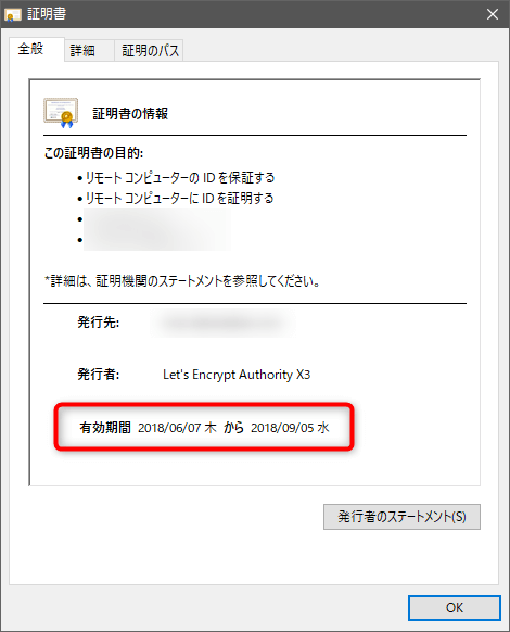 証明書ウィンドウの全般タブ